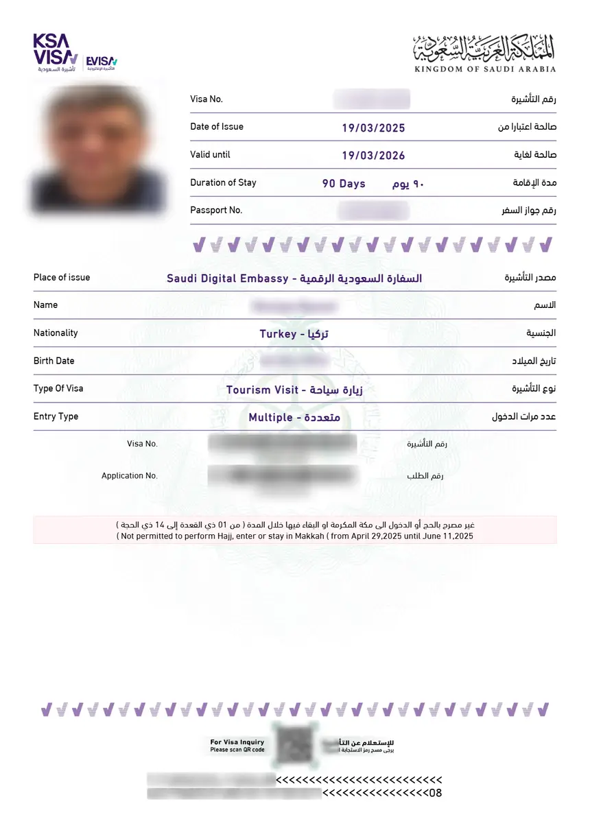 Example of a Saudi Arabia e-Visa document
